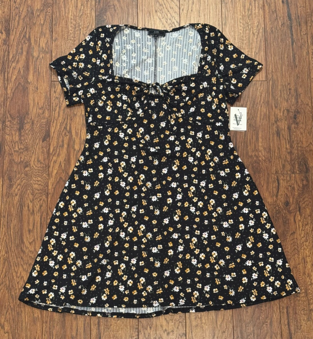 VIBE Sportswear Fit & Flare Dress Black Floral Above the Knee - Women's Size 2X